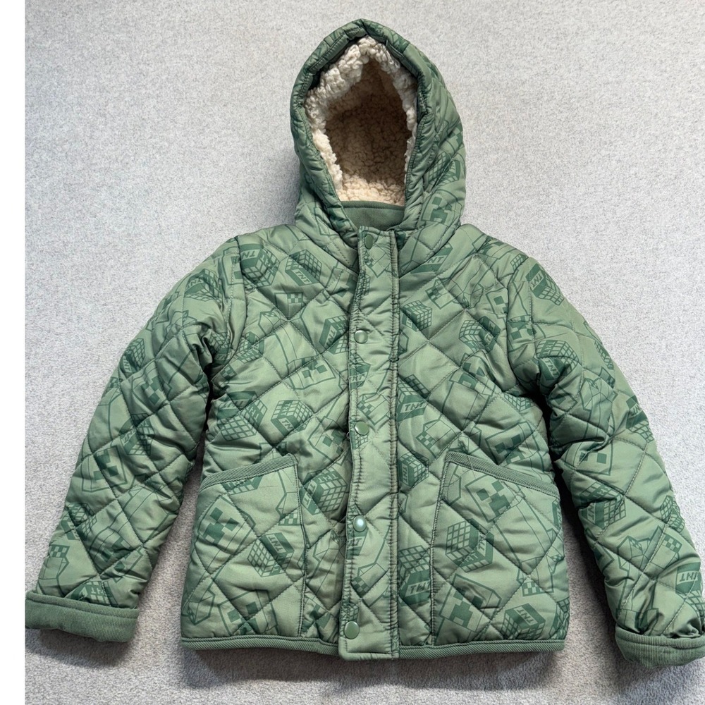 Minecraft Kids Puffer Jacket Size 6 Green Quilted Sherpa Lined Hooded Coat Cozy